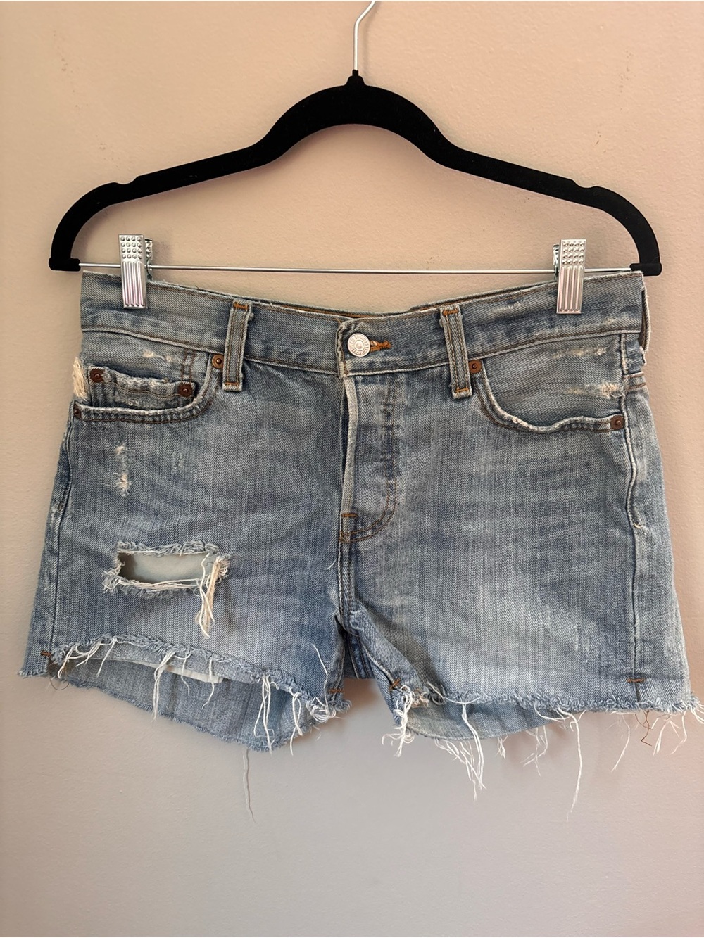 Levi’s 501 Light Blue Distressed Denim Jean Shorts